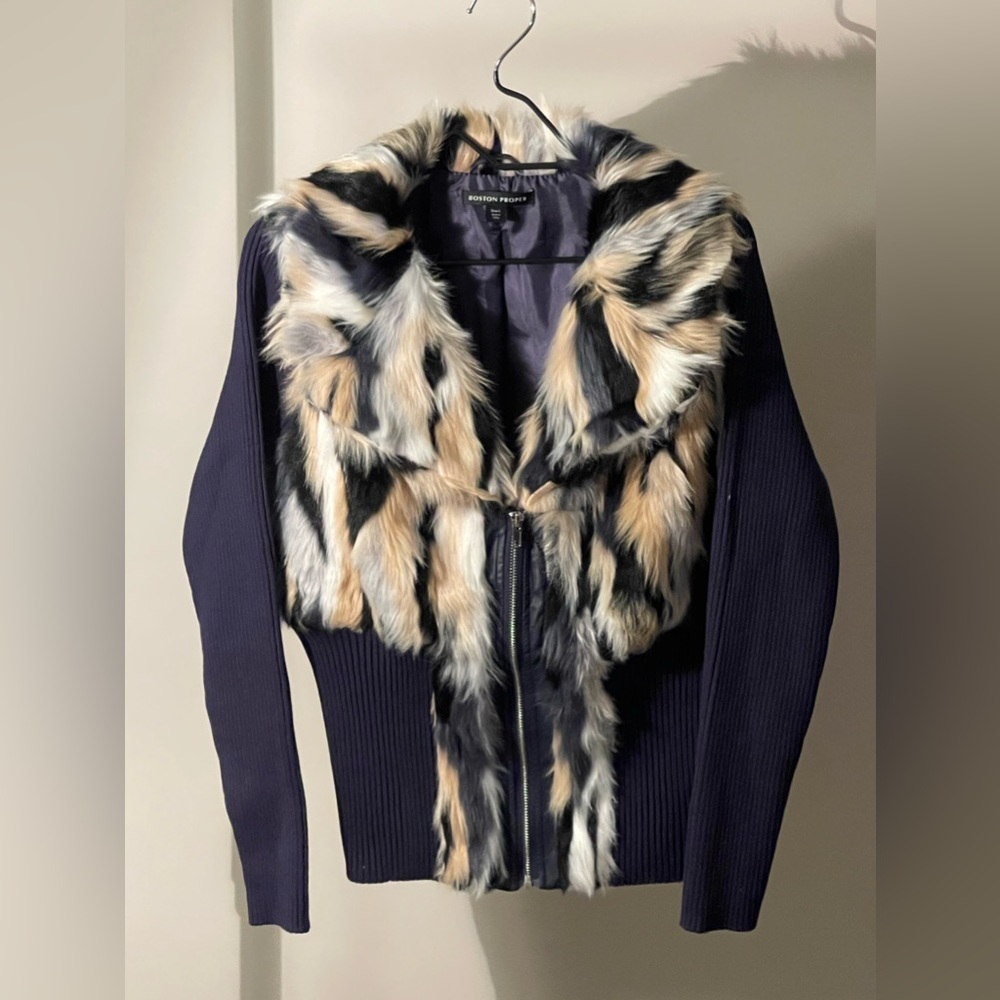 Boston Proper navy cardigan sweater with faux fur detail throughout Large